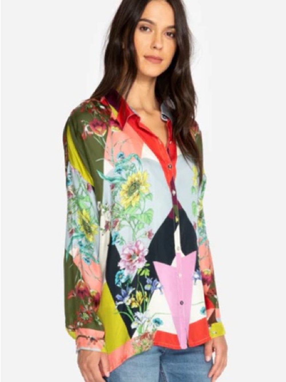 Johnny Was Silk Multi-Color Floral Geometric Button-Up Blouse